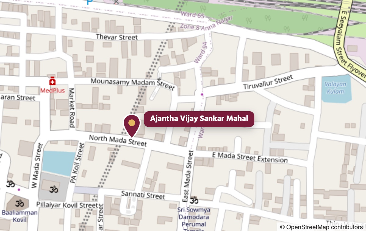 Street map of Villivakkam with Ajantha Vijay Sankar Mahal marked on North Mada Street, near Sri Sowmya Damodara Perumal Temple